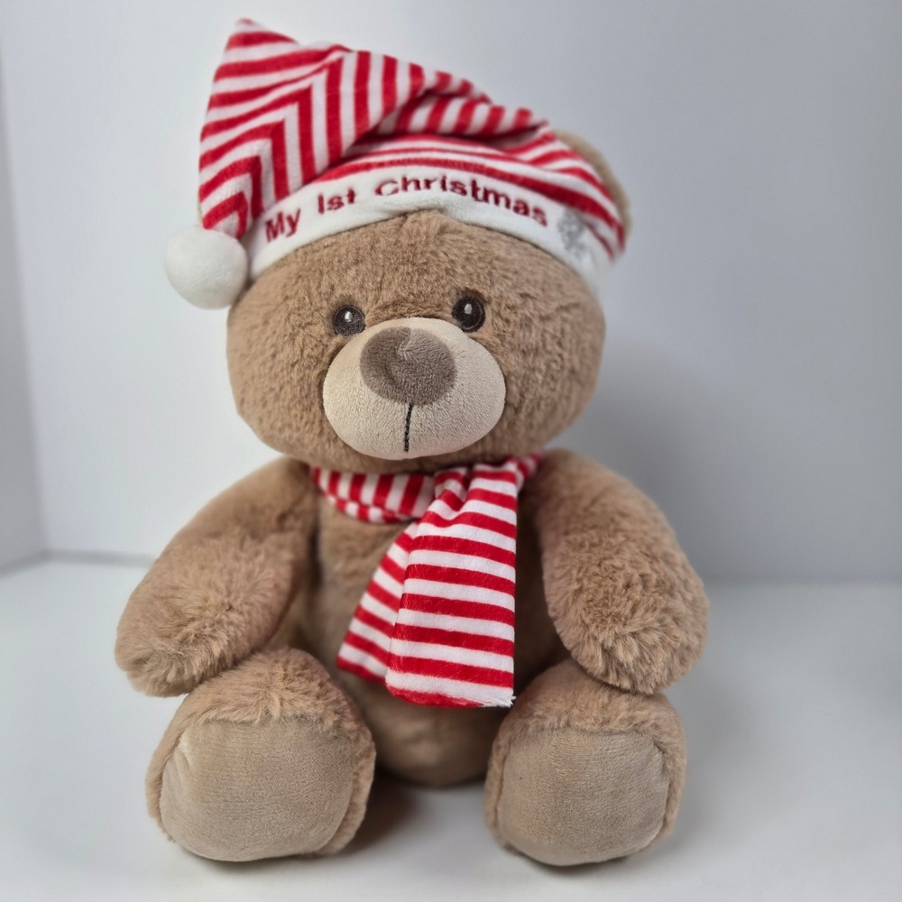 Kelly Toys My 1st Christmas Teddy Bear 12in Brown Striped Hat Scarf Plush